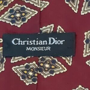 Christian Dior Monsieur Men's 100% Silk Necktie. Luxury Geometric Burgundy, Blue